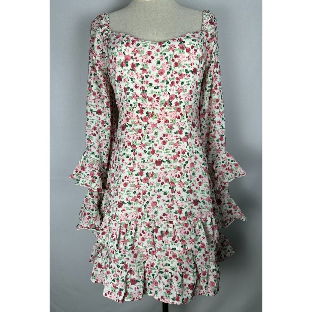 NWT Pink Floral Fairy Coquette Ruffle Mini‎ Dress L Cottagecore Soft Girl Garden